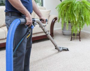Professioanl carpet cleaner cleaning carpet in a house